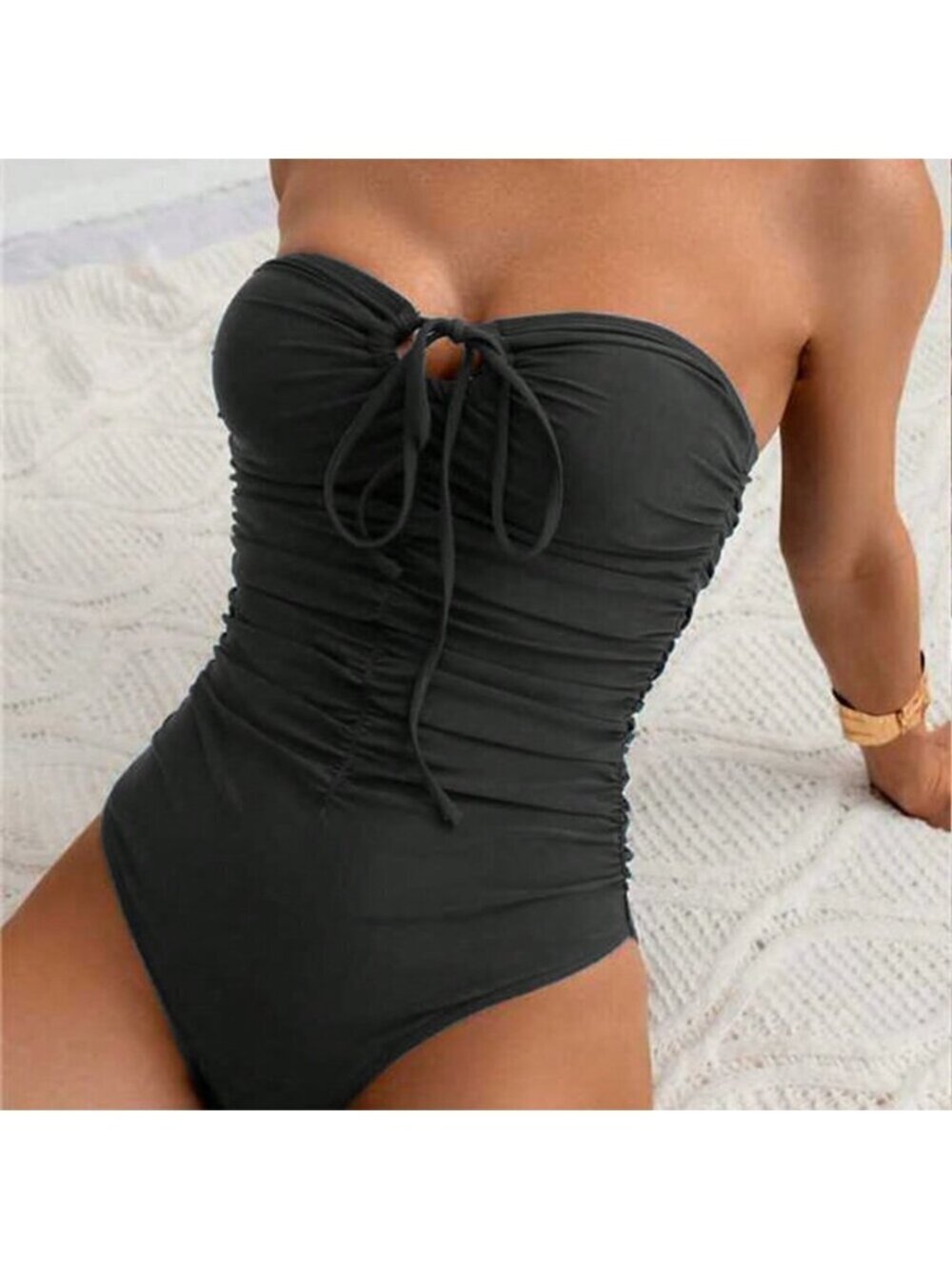 Black Elegant Women's Front Tie Bandeau Swimsuit